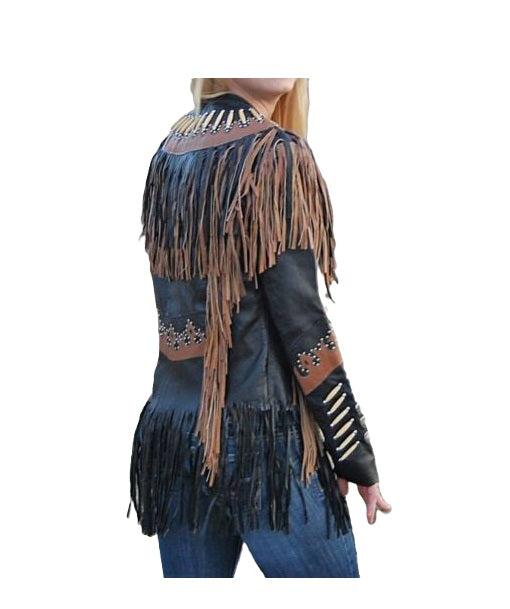 Cowgirl Black Leather Cognac Fringe Bone Work Jacket WWJ560