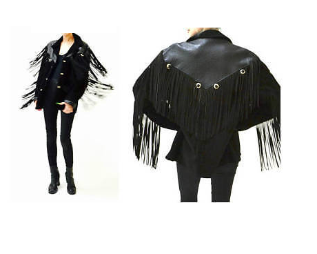 Black Suede Leather Fringes Jacket For Women WWJ703