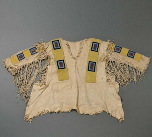Old Native American Style Beige Buckskin Suede Beaded Powwow War Shirt PWNS266