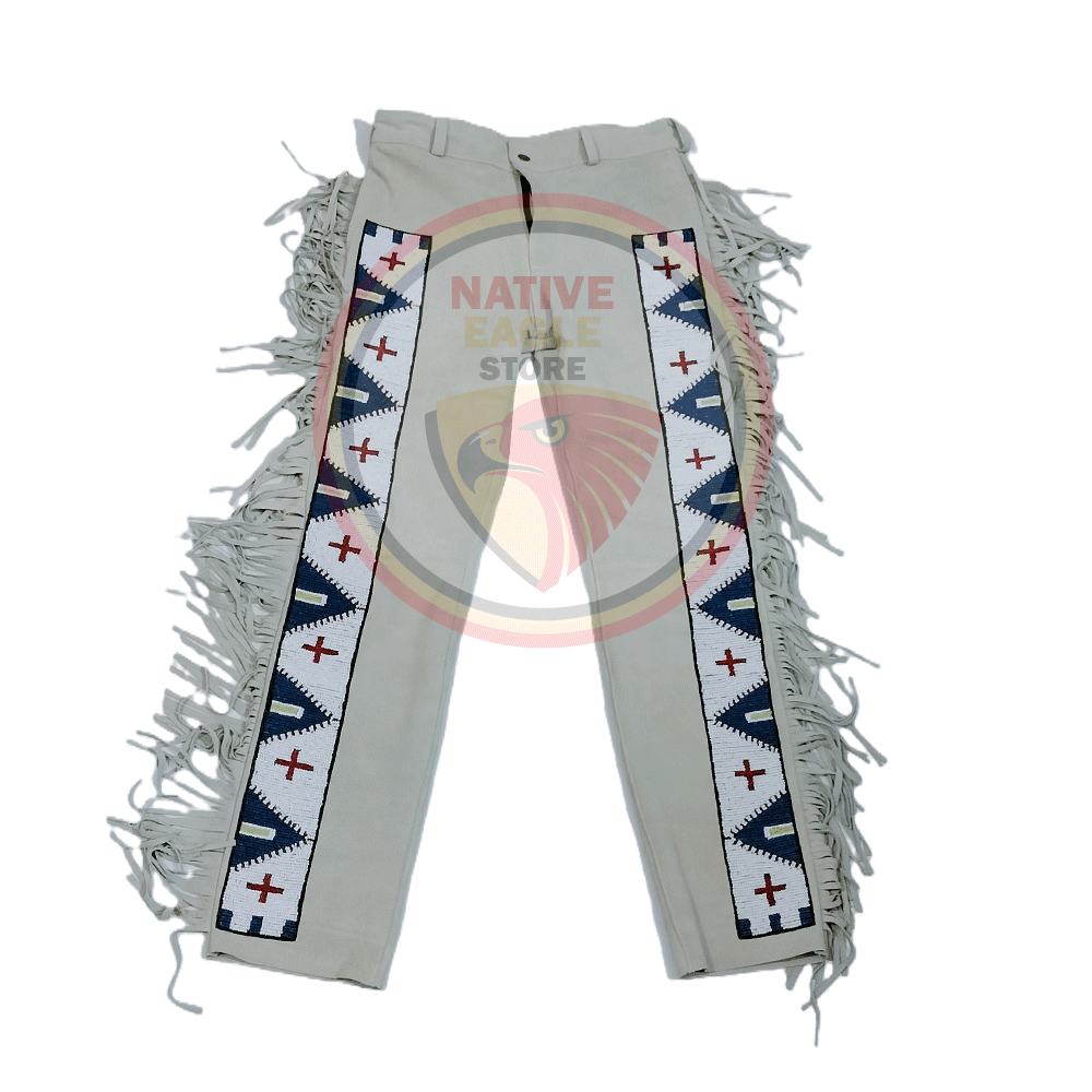 Native Men's Beige Buckskin Suede Leather Fringe Beaded Pants Powwow Pants NBP120