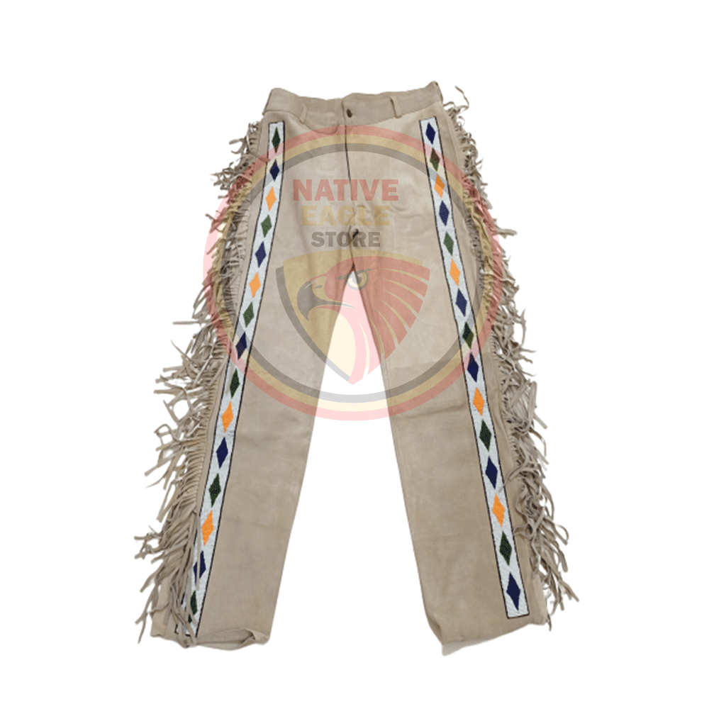 Native Men's Beige Buckskin Suede Leather Fringe Beaded Pants Powwow Pants NBP130