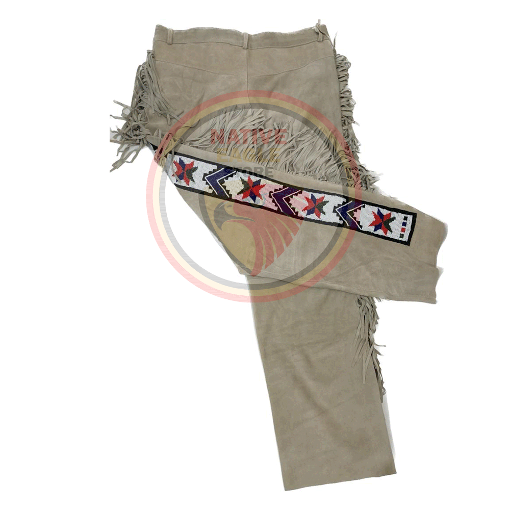 Native Men's Beige Buckskin Suede Leather Fringe Beaded Pants Powwow Pants NBP165