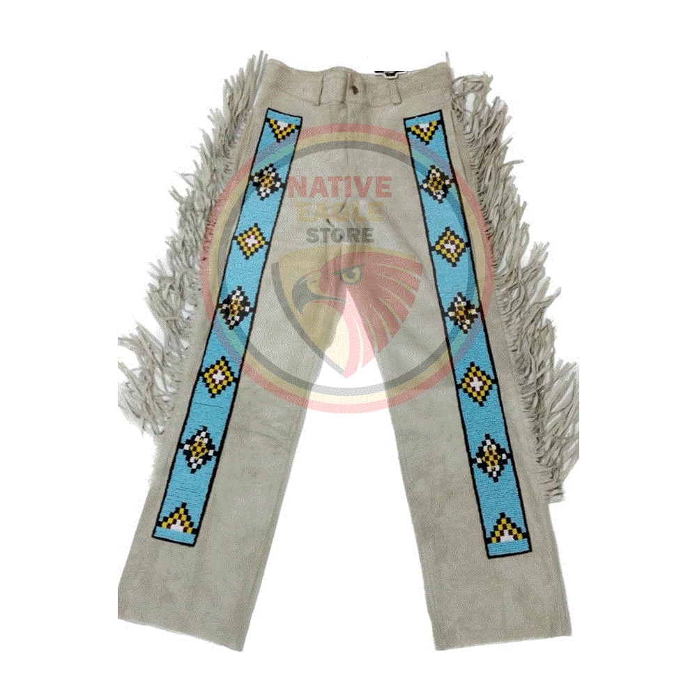 Native Men's Beige Buckskin Suede Leather Fringe Beaded Pants Powwow Pants NBP133