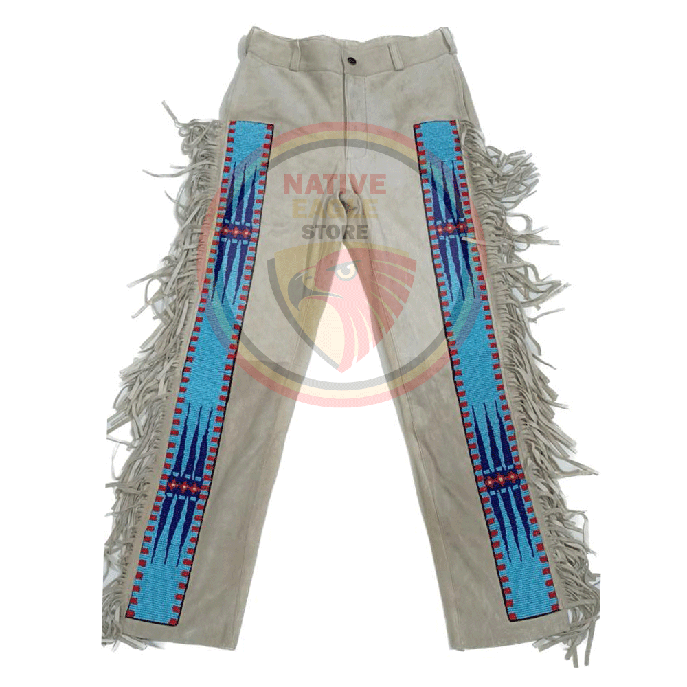 Native Men's Beige Buckskin Suede Leather Fringe Beaded Pants Powwow Pants NBP265