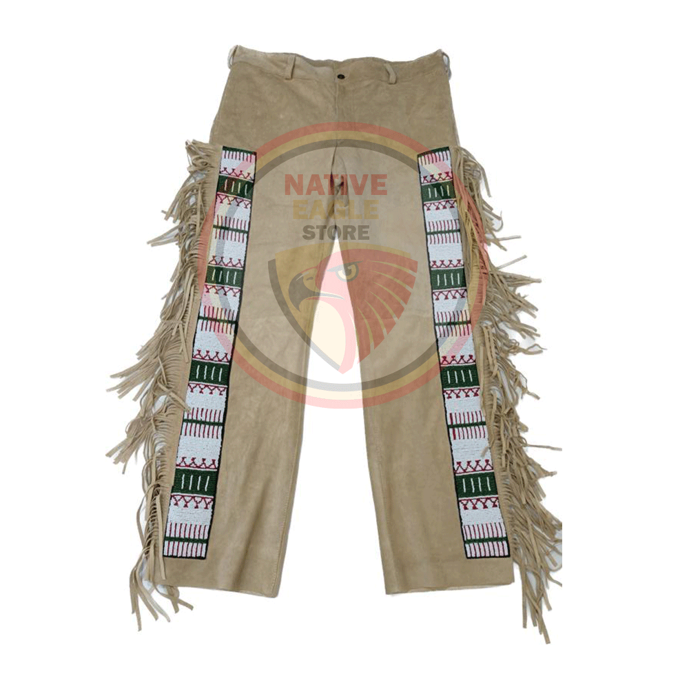 Native Men's Beige Buckskin Suede Leather Fringe Beaded Pants Powwow Pants NBP141