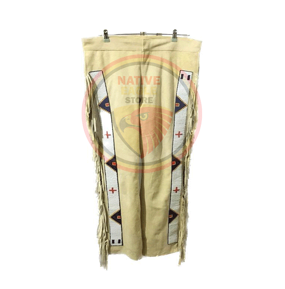 Native Men's Beige Buckskin Suede Leather Fringe Beaded Pants Powwow Pants NBP146