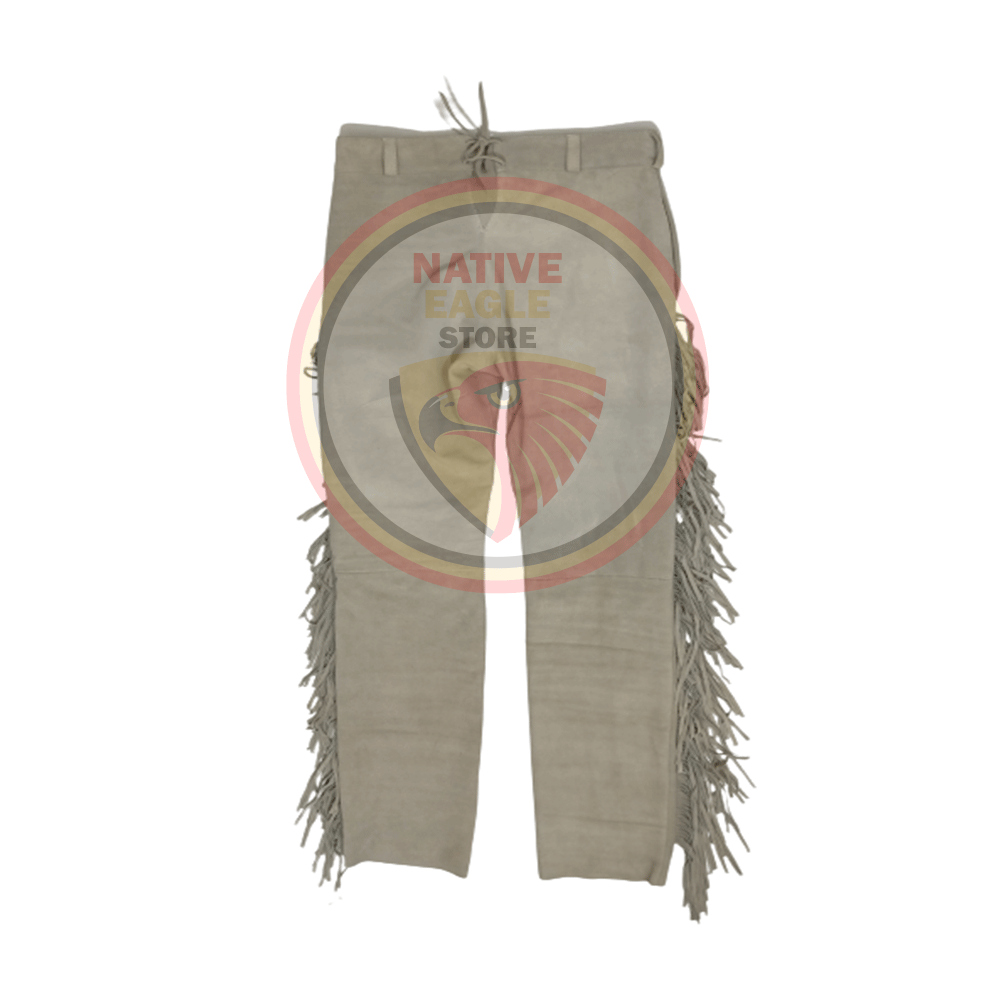 Native Men's Beige Buckskin Suede Leather Fringe Beaded Pants Powwow Pants NBP149