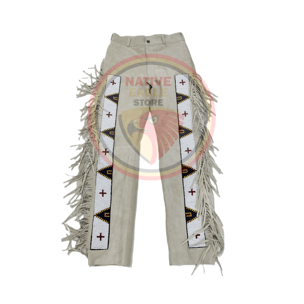 Native Men's Beige Buckskin Suede Leather Fringe Beaded Pants Powwow Pants NBP156