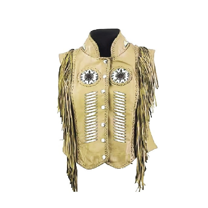Beige leather vest with fringe and decorative elements on a white background