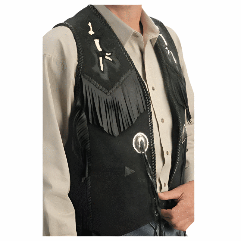 Men's Western Black Suede Leather Fringe Bone work Vest MV519