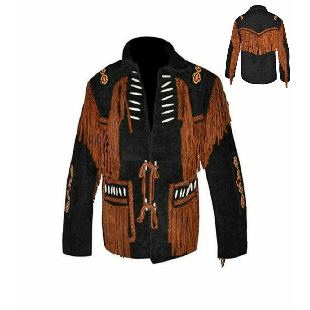 Men's Western Black Suede Leather Fringe Bones Beaded Jacket MW861