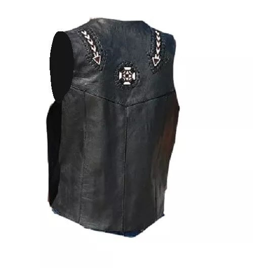 Men's Western Black Leather Beaded Vest MV510