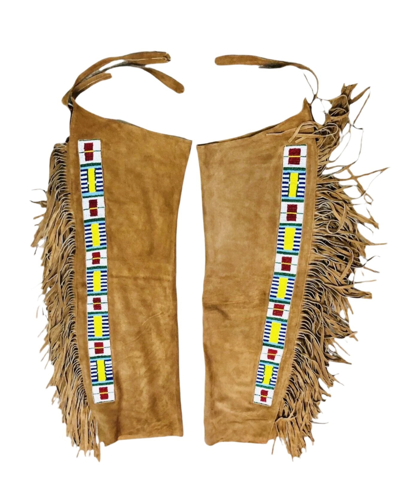 Native American Style Fringe Beaded Tan Leather Chaps Leggings NCP482