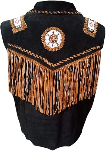 Men's Western Black Suede Leather Fringe Beaded Vest MV514
