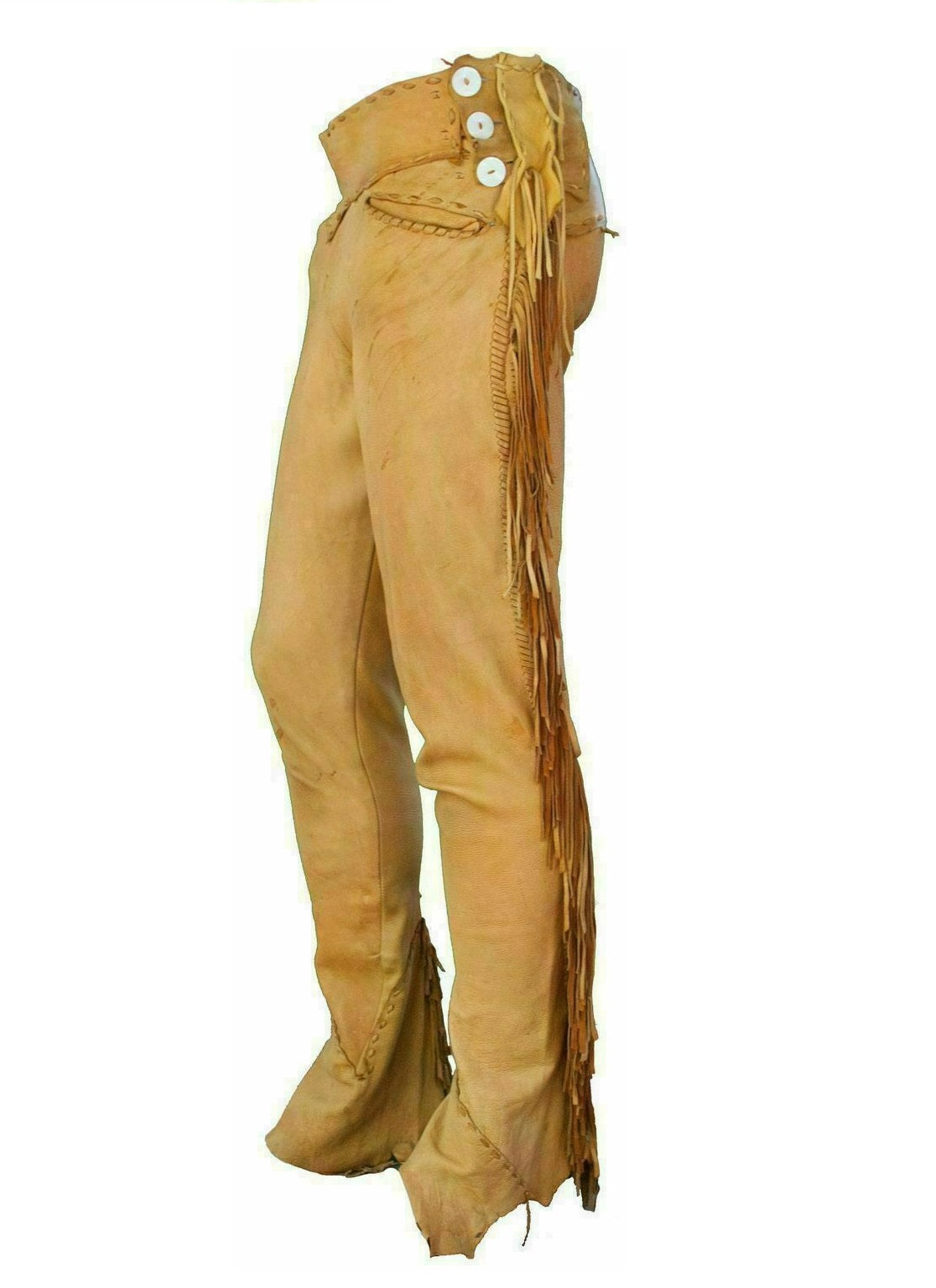 Men's tan brown buckskin leather western fringe pants with ragged style and fringes along the legs.