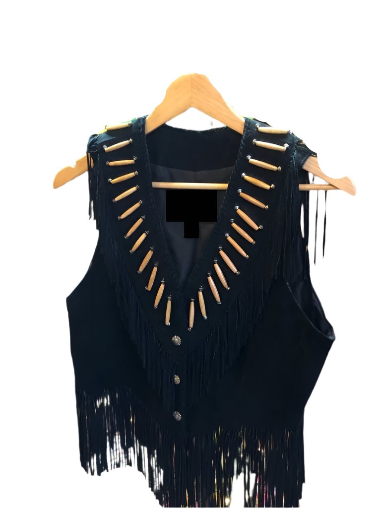 Cowgirl's Black Suede Leather Fringe Bone Work Vest CGV429