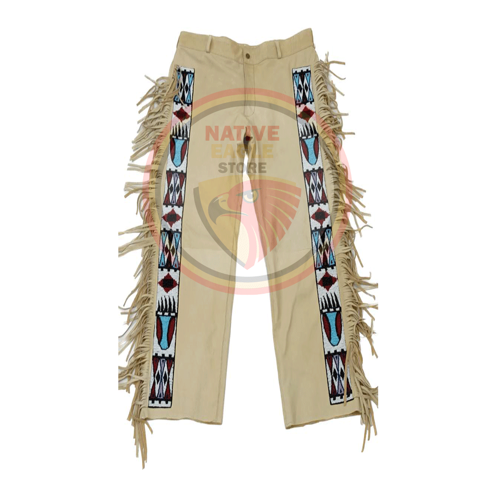 Native Men's Tan Buckskin Leather Fringes Beaded Pants Hand Colored NLP148