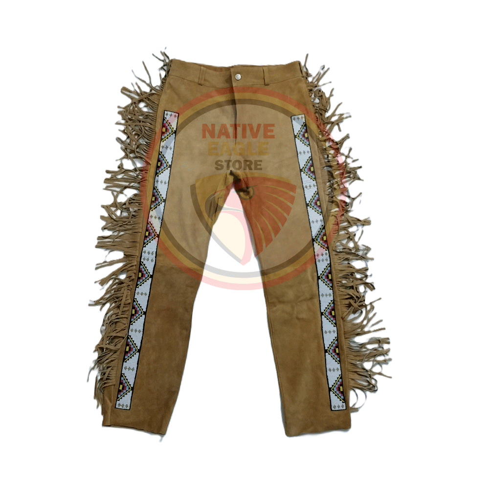Native Men's Tan Brown Buckskin Suede Leather Fringe Beaded Pants Powwow Pants NFP144