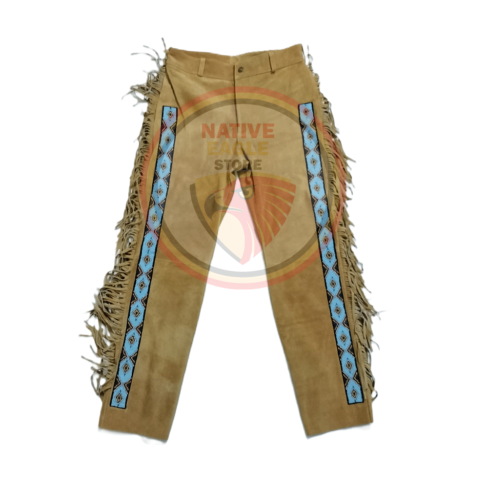 Native Men's Tan Brown Buckskin Suede Leather Fringe Beaded Pants Powwow Pants NFP145