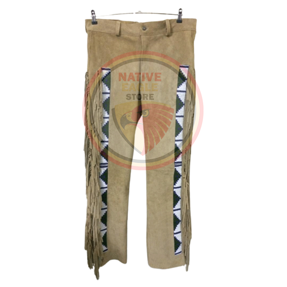Native Men's Tan Buckskin Suede Leather Fringe Beaded Pants Powwow Pants NLP153
