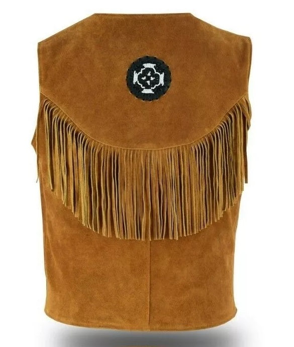 Men's Western Brown Suede Leather Fringe Beaded Vest MV515