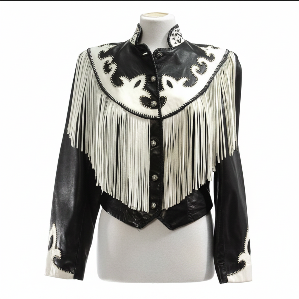 Black leather jacket with white fringe and embroidery on a mannequin against a white background