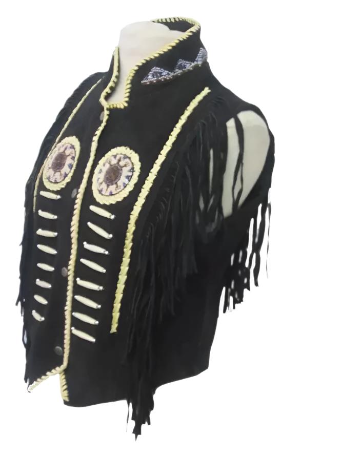 Cowgirl's Black Suede Leather Fringe Beaded Vest CGV430