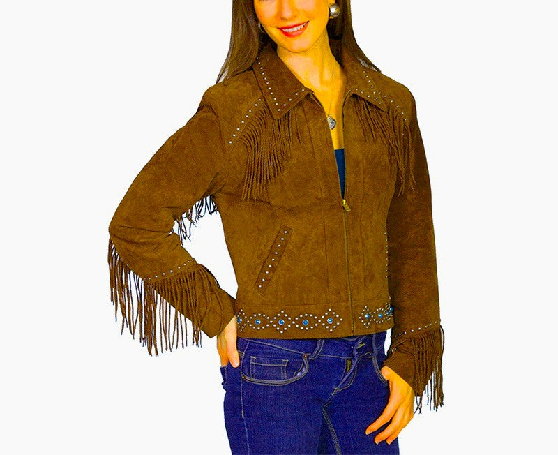 Black Suede Leather Fringe Bead Studded Jacket For Women WWJ517