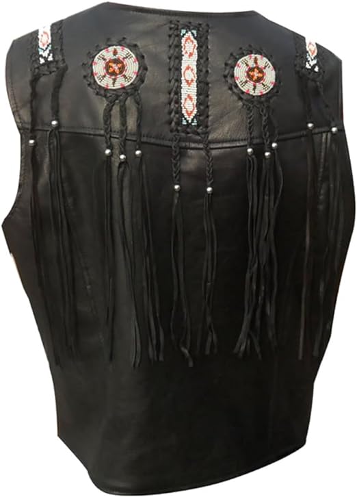 Men's Western Black Leather Fringe Beaded Vest MV518