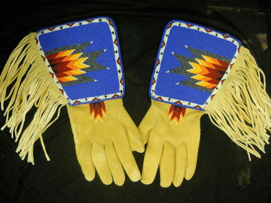 Old Native American Style Handmade Sioux Beaded Leather Gauntlet Gloves NGV94