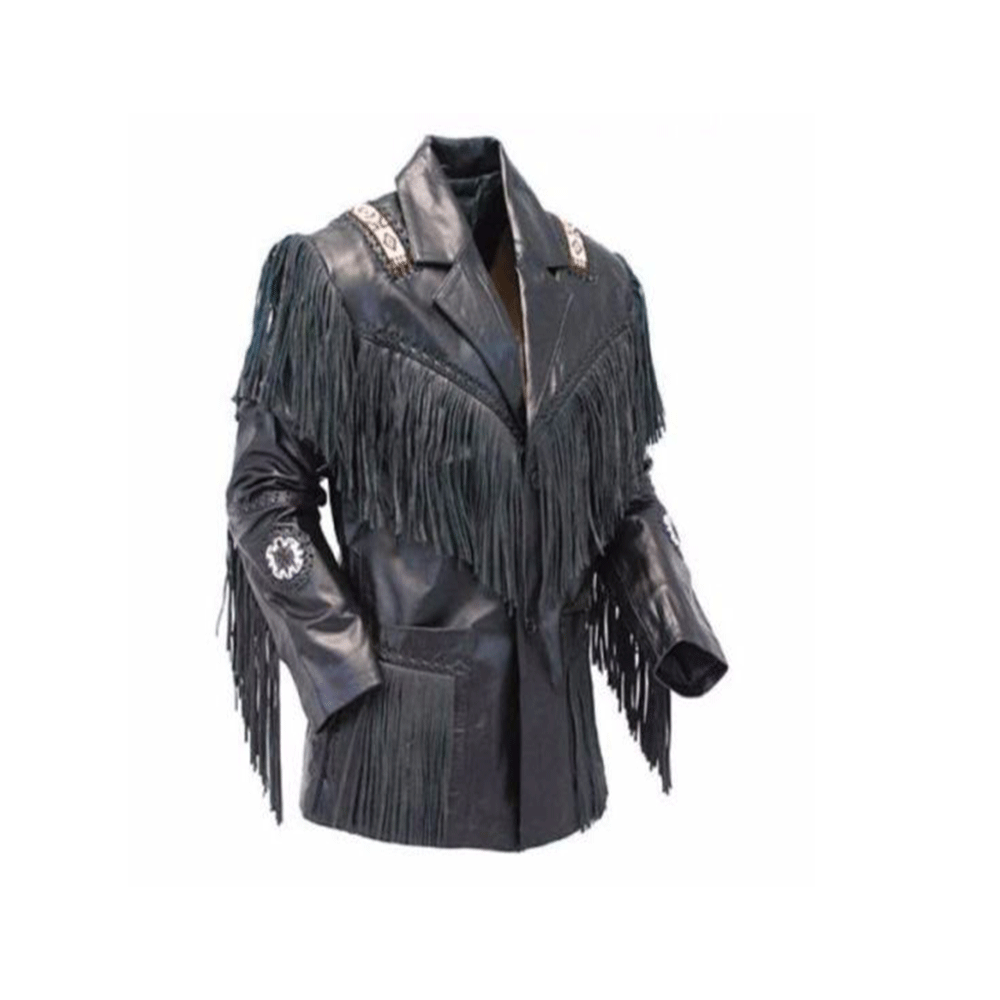 Men's Western Beige Leather Fringe Beaded Jacket MW808