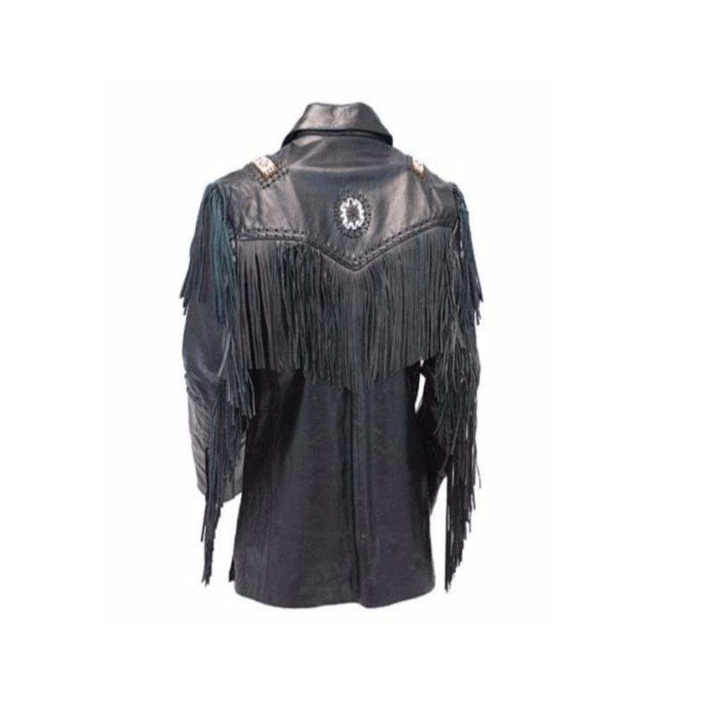 Men's Western Beige Leather Fringe Beaded Jacket MW808