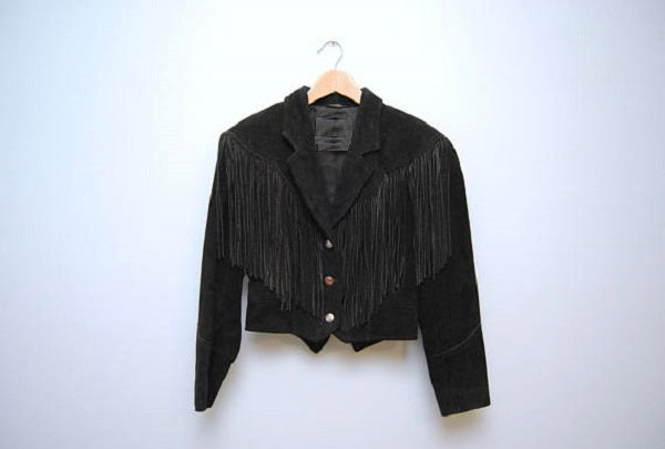 Black Suede Leather Fringe Short Body Jacket For Women WWJ536