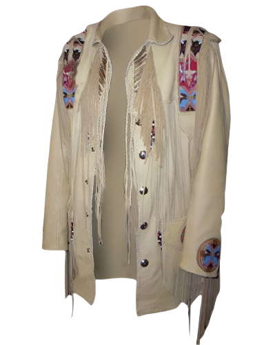 Men's Western Beige Leather Fringes Beaded Jacket MWJ885