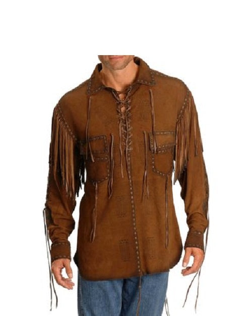 Men's Western Brown Buckskin Suede Hide Mountain Man Fringe Shirt MMS108