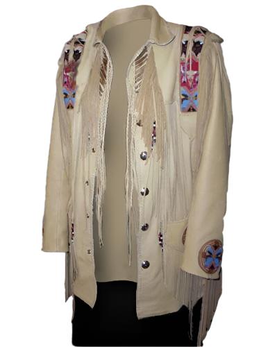 Men's Western Beige Leather Fringes Beaded Jacket MWJ885