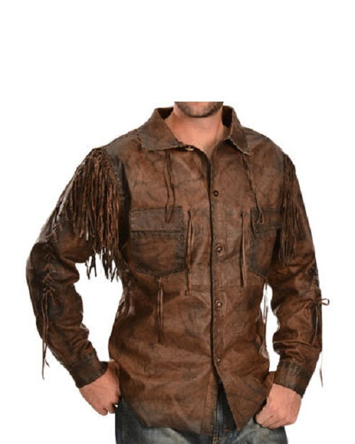 Men's Western Brown Buckskin Hide Mountain Man Fringes Pullover Shirt MMS109