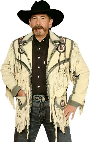 Men's Western Beige Leather Fringes Beaded Jacket MWJ886