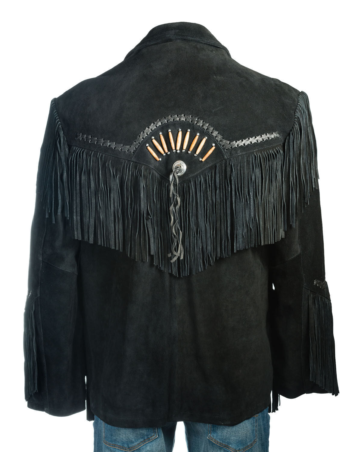 Men's Western Black Suede Leather Fringe Bone work Jacket MW859