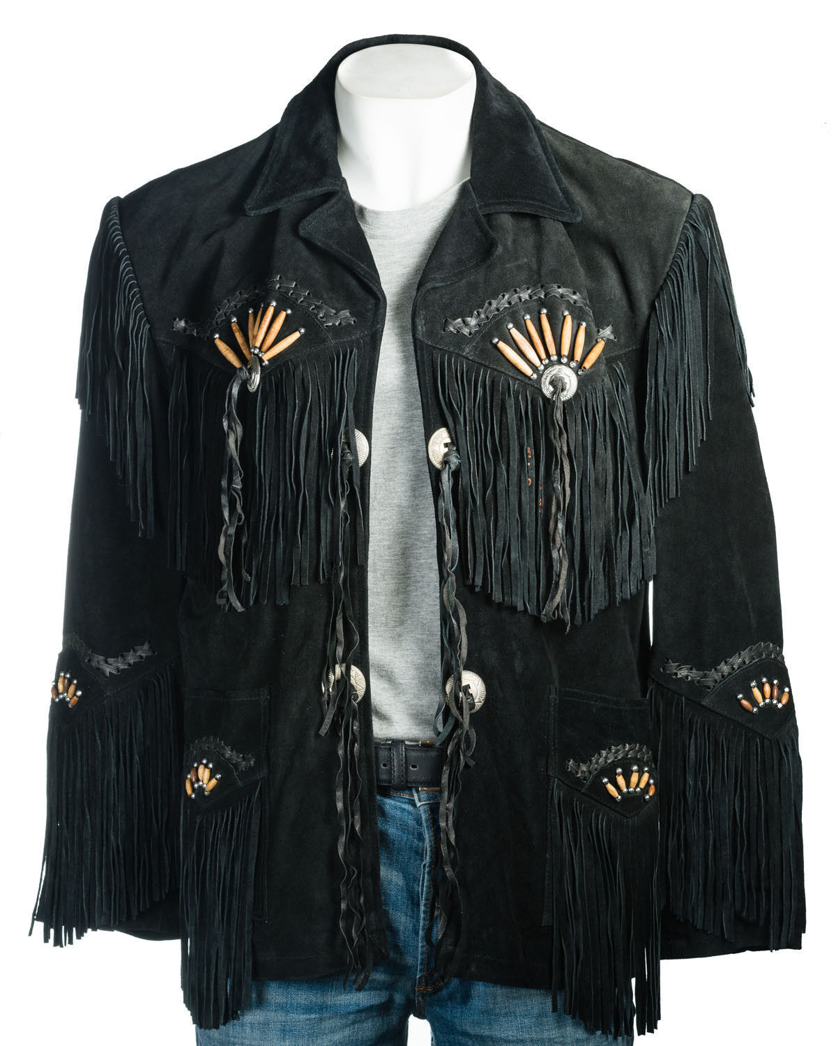 Men's Western Black Suede Leather Fringe Bone work Jacket MW859