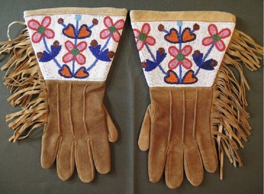 Old Native American Style Handmade Sioux Beaded Leather Gauntlet Gloves NGV11