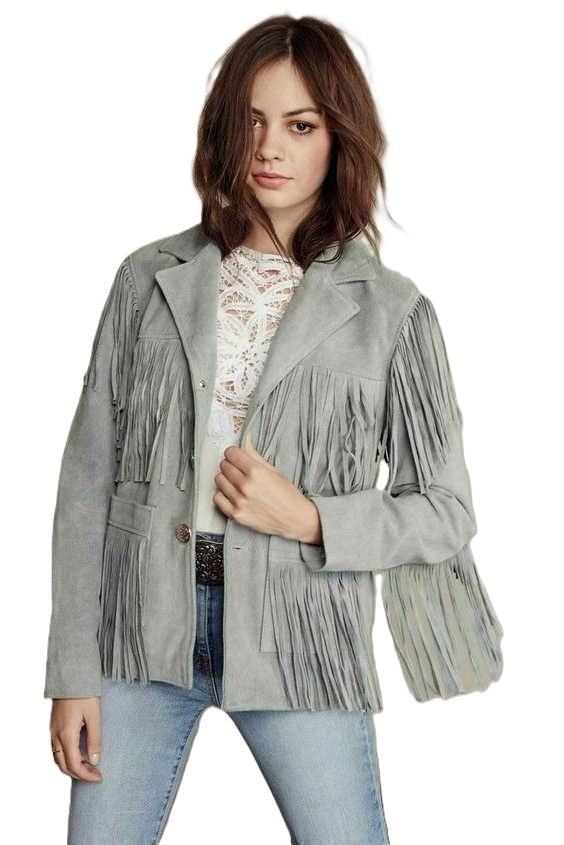 Western Grey Suede Leather Fringes Cowgirl Jacket WWJ680