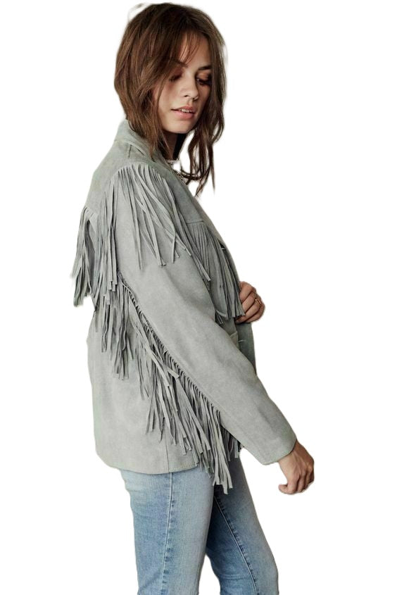 Western Grey Suede Leather Fringes Cowgirl Jacket WWJ680