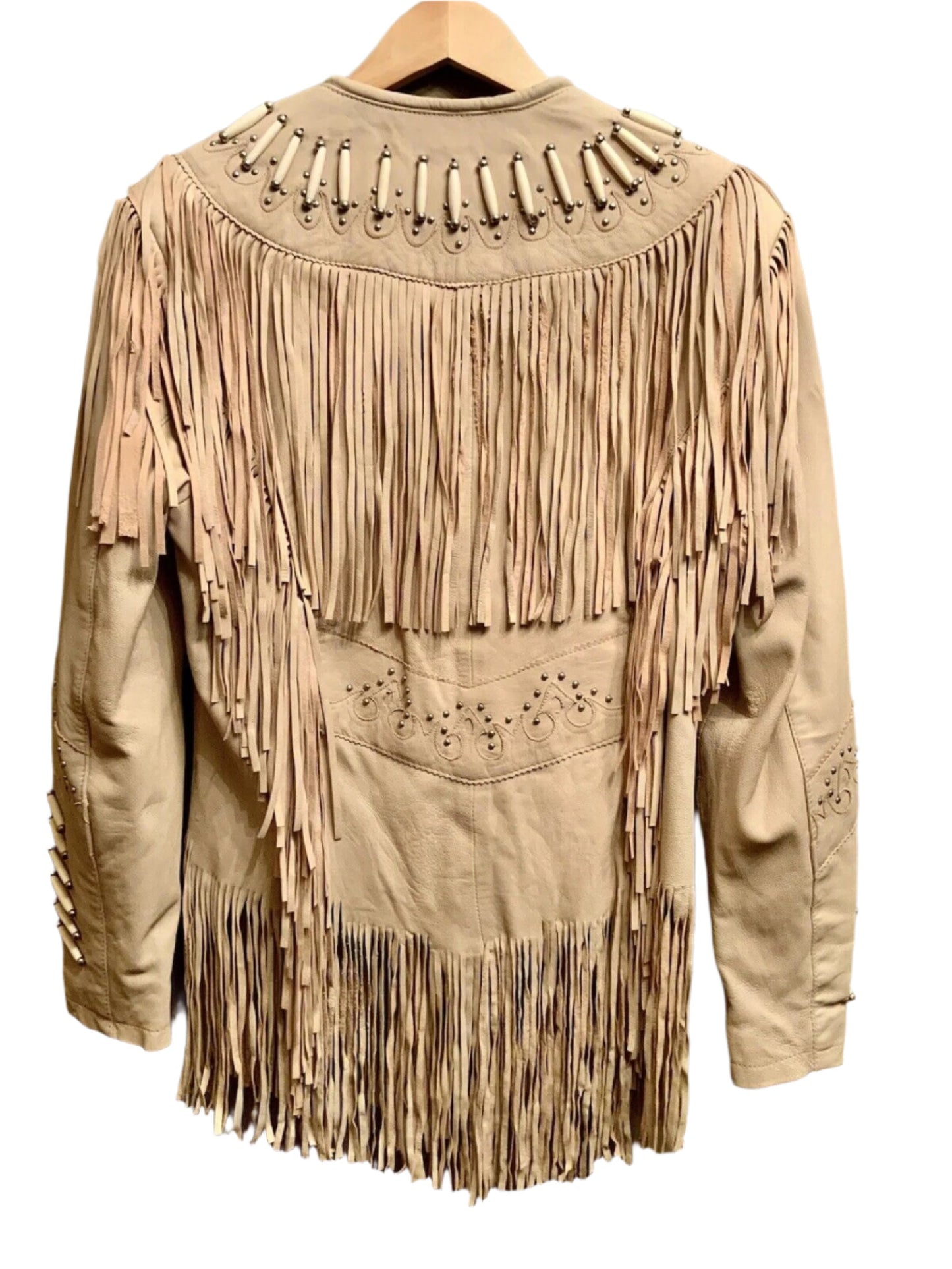 Cowgirl Beige Leather Fringes Bone Work Jacket WWJ776