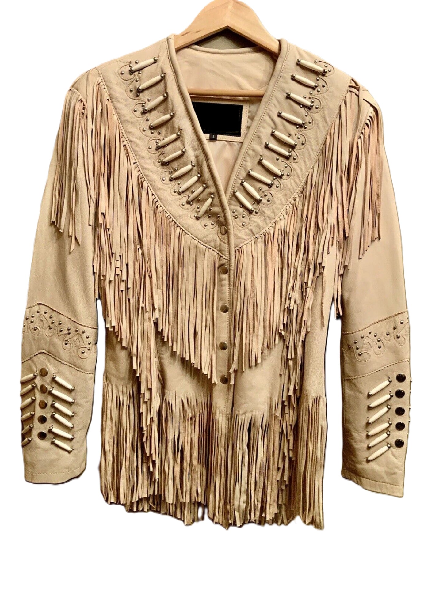 Cowgirl Beige Leather Fringes Bone Work Jacket WWJ776