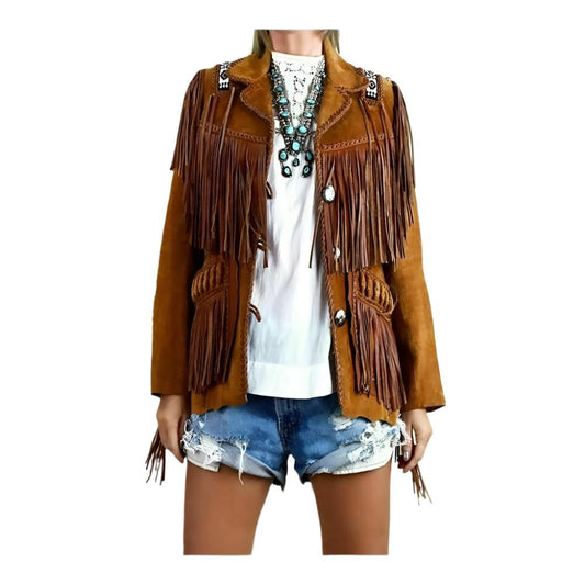 Cowgirl Brown Suede Leather Fringe Beaded Jacket WWJ760