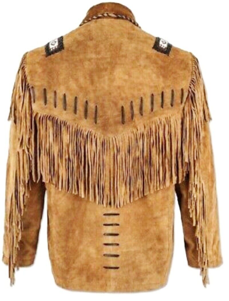 Men's Western Brown Suede Leather Fringes Beaded Jacket MW853