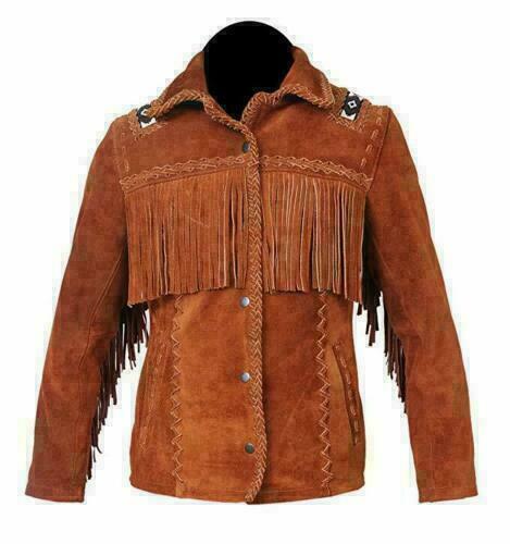 Men's Western Brown Suede Leather Fringes Beaded Jacket MW852