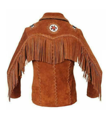 Men's Western Brown Suede Leather Fringes Beaded Jacket MW852