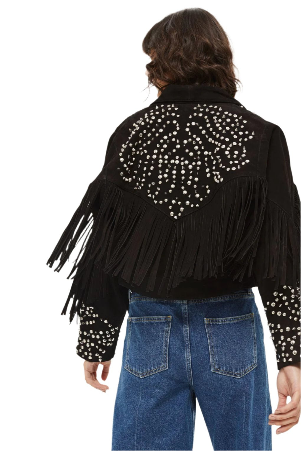 Beige Suede Leather Fringe Studded Jacket For Women WWJ678